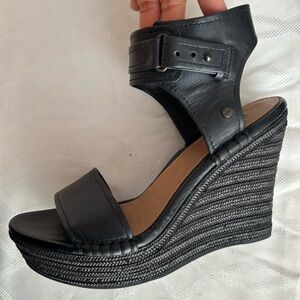 UGG Black Wedge Sandals with Ankle Strap